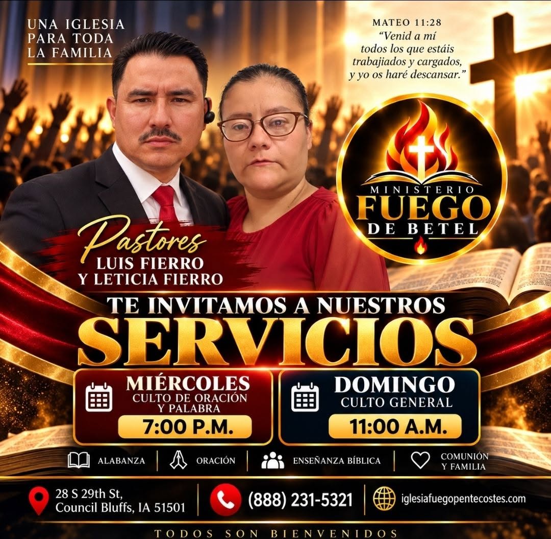 Invitación de Ministerio Fuego de Betel con los pastores Luis Fierro y Leticia Fierro y los horarios de servicio